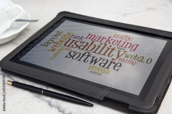Fototapeta tablet with usability software word cloud