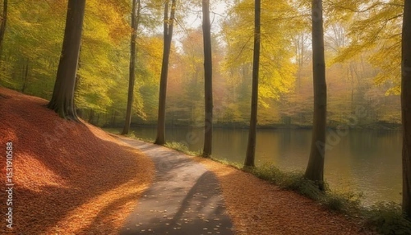 Fototapeta Autumn Forest Path Golden Sunlight Fall Foliage, Enchanting Woodland Trail Autumn Colors Sunbeams Trees