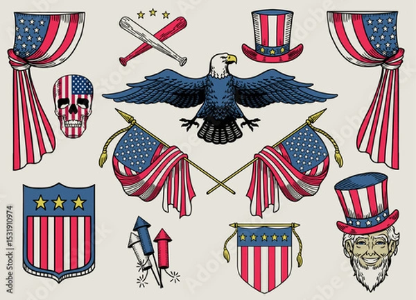 Obraz Set Illustration of Object in USA Color Flag