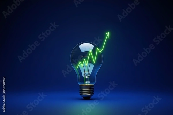 Fototapeta A transparent glass lightbulb on a deep blue background with a vibrant green upward trending arrow graph inside symbolizing growth innovation and bright ideas for business success and financial