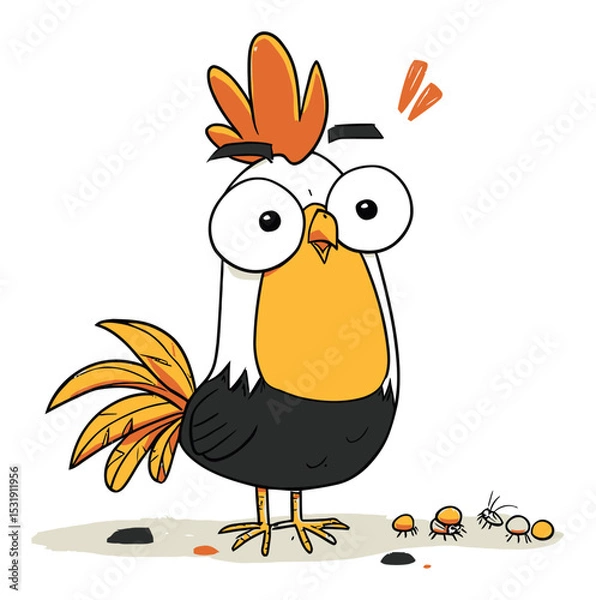 Fototapeta Cute Cartoon Bird Character with Fun Expression and Small Insects