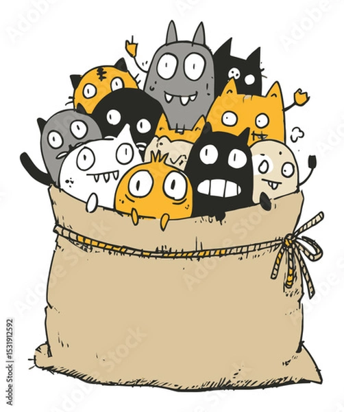 Fototapeta Cute Cartoon Cats and Monsters Popping out of a Bag in Vector Style