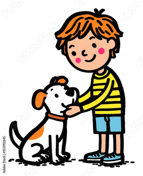 Fototapeta Cheerful Boy with Dog in Flat Vector Style Illustration