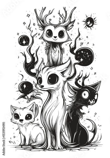 Fototapeta Whimsical Animal Collection with Unique Creatures and Cosmic Elements