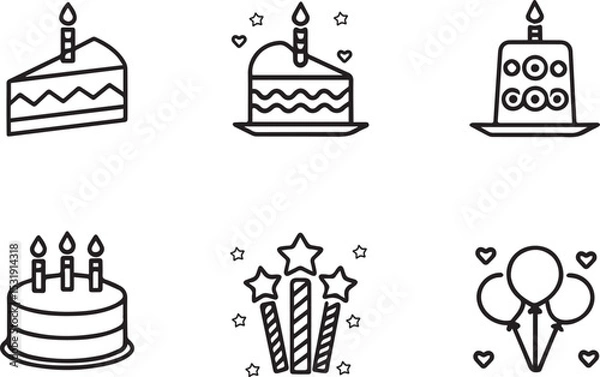 Obraz Birthday party celebration vector line art icon set. Cake, candle, balloon, drink. Editable stroke outline