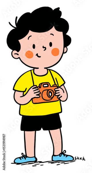 Fototapeta Young Boy with Camera in Flat Vector Style Illustration