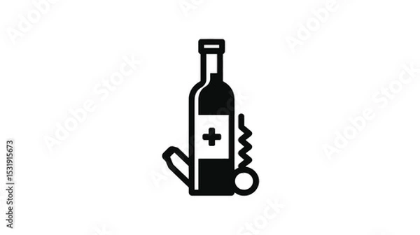 Fototapeta Wine Bottle with Corkscrew and Plus Sign: Medical or Health-Related Wine Concept