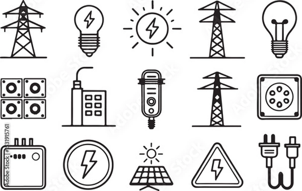Obraz Electricity and electric power vector line art icon set. Electric pillar, bulb, light, switch, solar panel, electric miter. Editable stroke outline