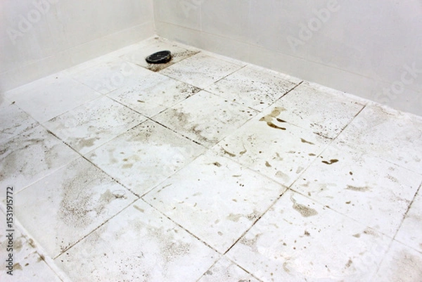Fototapeta Grime and muddy dirt patches on the floor tiles of a shower room