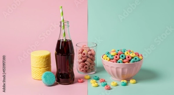 Fototapeta Colorful cereal, marshmallow pops, and soda bottle on a split pink and teal background. Fun, vibrant still life representing sweet treats and child...