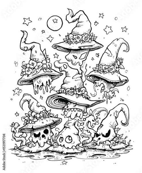 Fototapeta Whimsical Doodle of Fantasy Hats and Ghostly Spirits in Black and White