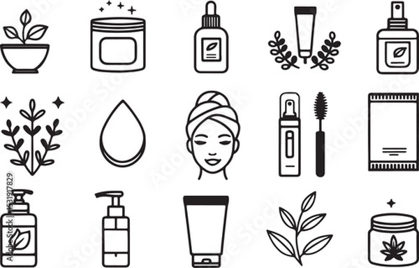 Obraz Monochrome skincare products vector line art icon set. Face wash, beauty cream, glow, smooth, cream, natural product. Editable stroke outline