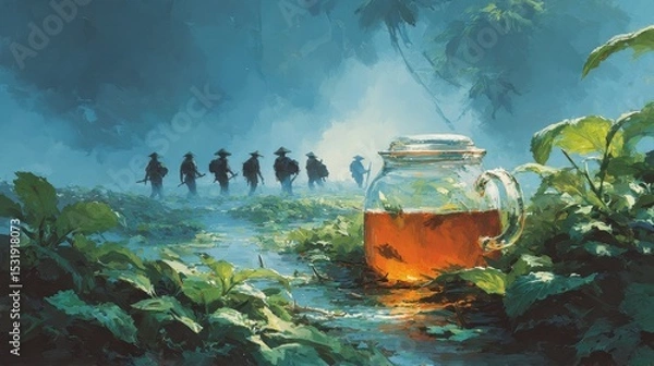Fototapeta Tranquil Forest Scene with Tea Jar and Silhouetted Travelers