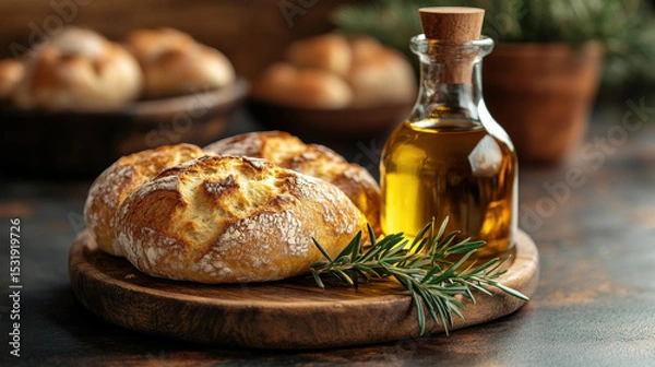 Fototapeta Rustic bread rolls on wooden board with bottle of olive oil and rosemary create warm, inviting scene. golden crust and natural setting evoke sense of comfort and homeliness