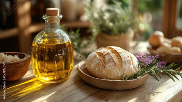 Fototapeta Rustic kitchen scene with loaf of crusty bread and bottle of olive oil on wooden table, surrounded by fresh herbs and soft natural light