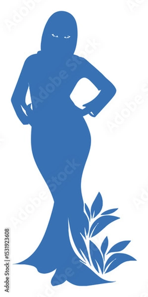 Fototapeta Elegant Silhouette of a Woman in Blue with Leaf Design Elements