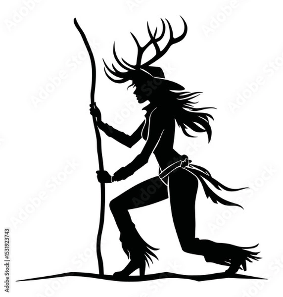 Fototapeta Silhouette of a Woman with Antlers Running with a Staff Vector Art