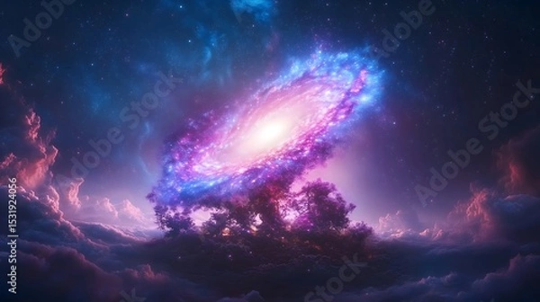 Fototapeta Vibrant galaxy cluster displays swirling arms of cosmic beauty in deep space backdrop