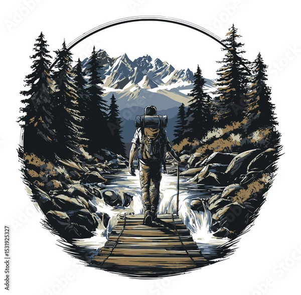 Fototapeta Adventurer Walking Through Scenic Forest with Mountains in Background