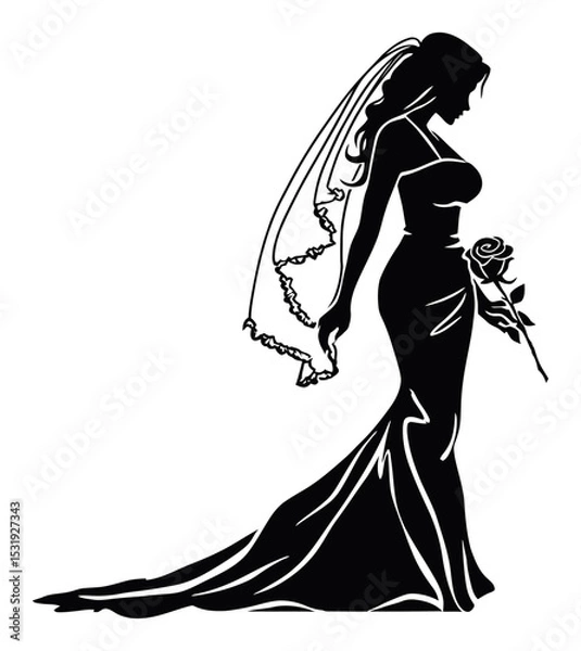 Fototapeta Elegant Bride Silhouette with Veil and Rose in Vector Design