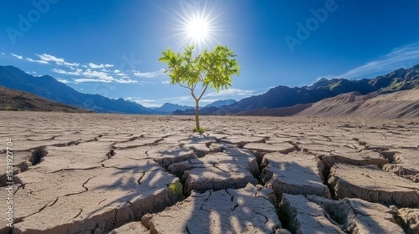 Obraz A small tree growing in the middle of a cracked desert, with mountains and a blue sky in the background, green leaves, dry land, loneliness, and hope.