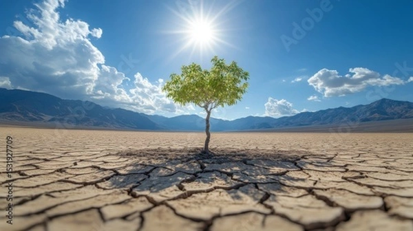Obraz A small tree growing in the middle of a cracked desert, with mountains and a blue sky in the background, green leaves, dry land, loneliness, and hope.