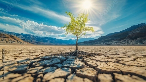 Obraz A small tree growing in the middle of a cracked desert, with mountains and a blue sky in the background, green leaves, dry land, loneliness, and hope.
