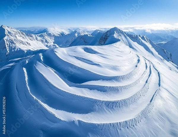 Obraz A snow-covered mountain range with an aerial view of the massive circular snow track, stretching across its surface like white waves under clear blue skies.
