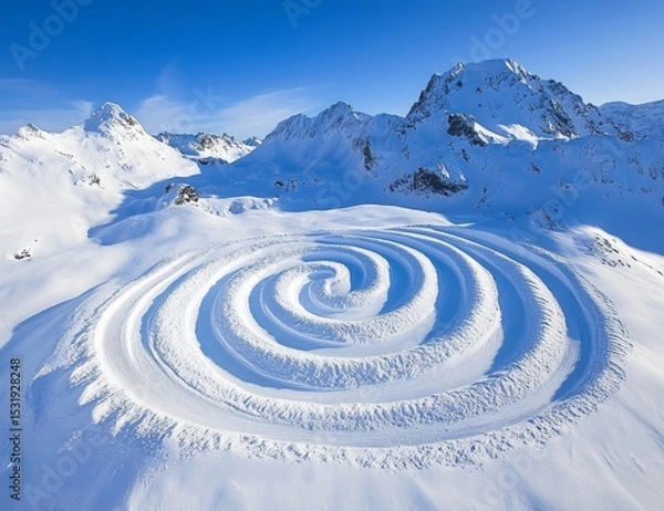 Obraz A snow-covered mountain range with an aerial view of the massive circular snow track, stretching across its surface like white waves under clear blue skies.
