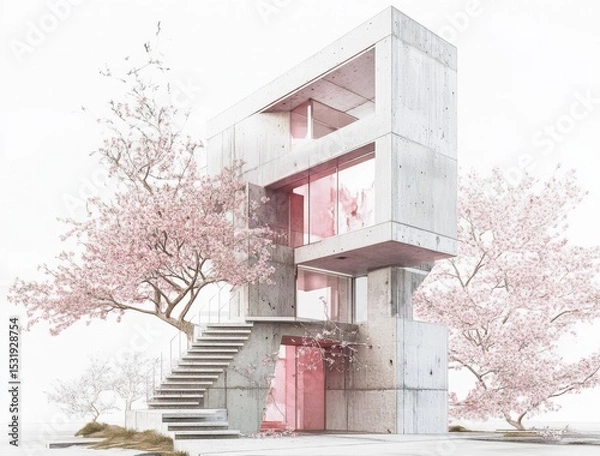 Fototapeta A tiny home built on the side of an office building, made from concrete and steel with pink accents. It is a multi-story structure with angular geometry and stairs leading up to it