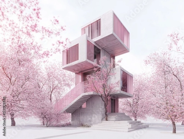 Fototapeta A tiny home built on the side of an office building, made from concrete and steel with pink accents. It is a multi-story structure with angular geometry and stairs leading up to it