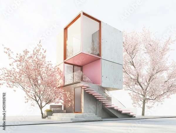 Fototapeta A tiny home built on the side of an office building, made from concrete and steel with pink accents. It is a multi-story structure with angular geometry and stairs leading up to it
