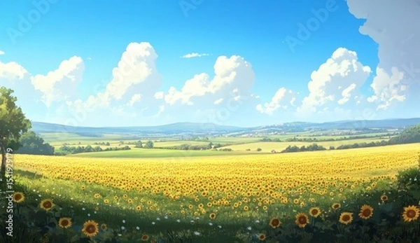 Obraz A vast field of sunflowers, with rows upon rows stretching as far as the eye can see under clear blue skies. The vibrant yellow flowers stand out against the bright sky and green fields below