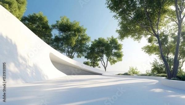 Obraz A white concrete wall with curved lines and trees on the right side, a clear sky background