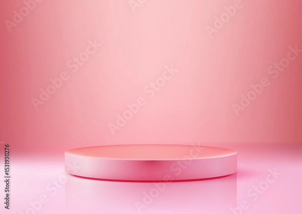 Fototapeta minimalist pink product display on glossy 3d round pedestal reflective surface beauty mockup showroom showcase
