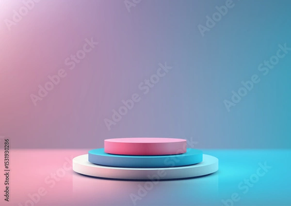 Fototapeta vibrant 3d stack of circular podiums white blue pink on reflective surface modern product display mockup showcase