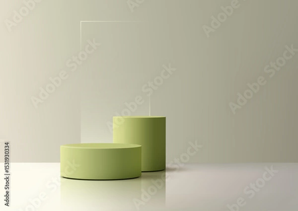 Fototapeta modern green cylindrical pedestal mockup on reflective surface, minimal product display showcase 3d