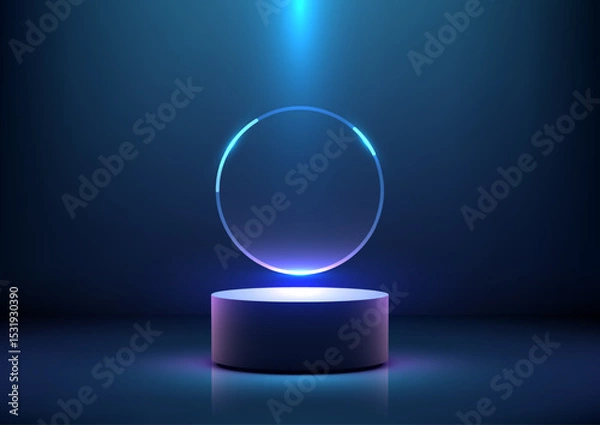 Fototapeta futuristic blue neon ring on dark background, glowing 3d circular pedestal, technology concept, product display mockup, sci fi showcase