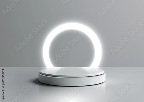 Fototapeta Minimalist 3D white podium with glowing neon ring, perfect for product display and abstract presentations