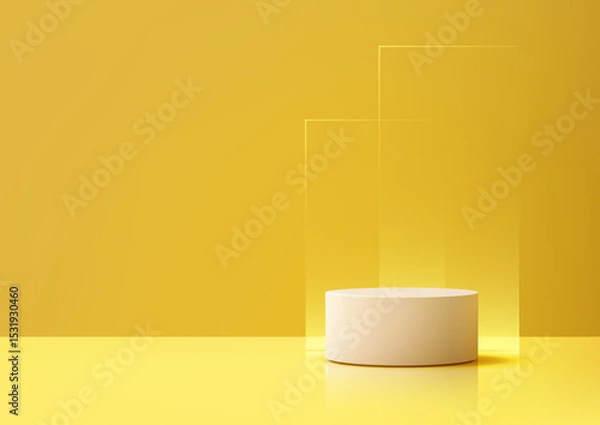 Fototapeta 3d beige cylindrical podium on yellow reflective surface minimalist product showcase mockup modern display stand
