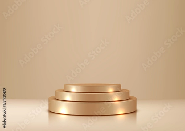 Fototapeta Gold Podium Product Display, Elegant 3D Circular Stand for Luxury Showcases and Awards on Warm Brown Background