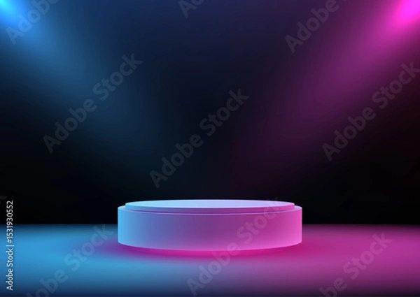 Fototapeta futuristic glowing 3d podium with blue pink spotlight in dark room for tech presentation or product showcase