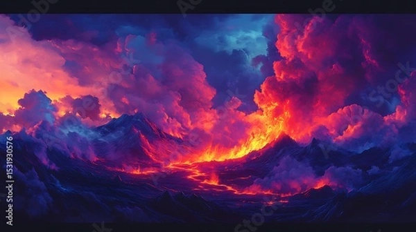 Fototapeta Fiery Volcanic Landscape with Red and Purple Clouds, Flowing Lava and Dark Mountain Peaks