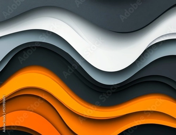 Obraz Abstract background with layered paper wavy shapes in dark gray, orange, and white colors