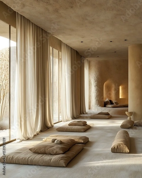 Obraz Tactile silence retreat featuring curtain-less windows, sand-colored wall texture, and natural airflow layout Textural Neutral Calm Interiors Natural Silence-Focused Design