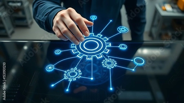 Obraz Business Process Automation (BPA) & Digital Transformation: Human Hand Interacting with Futuristic Gear Icon on a Touchscreen Interface for Streamlined Workflow and Efficiency