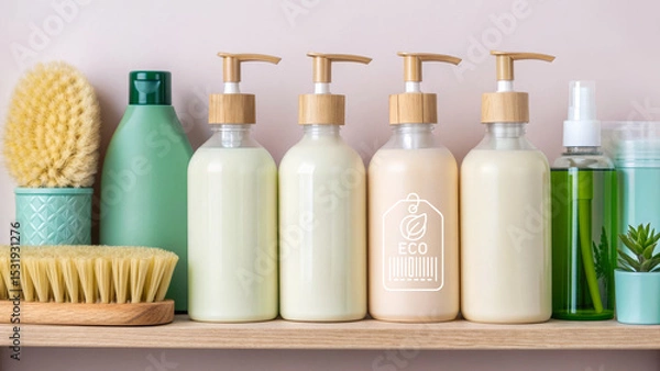 Obraz Eco friendly waste reduction strategy with reusable bottles and natural bathroom products