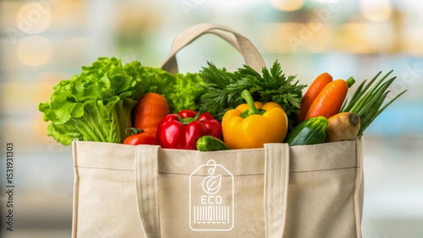 Obraz Reusable bag waste reduction strategy with fresh vegetable shopping for eco friendly lifestyle