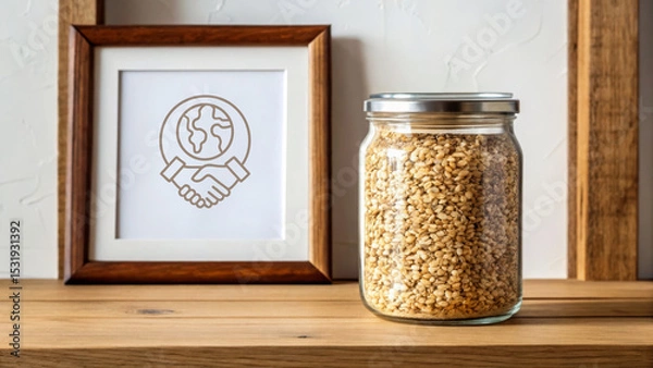Obraz Waste reduction strategy concept with glass jar of grains and eco handshake artwork wooden shelf