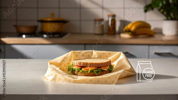 Obraz Sandwich wrapped reusable beeswax food wrap kitchen counter waste reduction strategy eco friendly